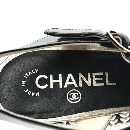 Chanel Patent Calfskin Grosgrain Pearl CC Wedge Sandals 38.5 Black 7 of 10