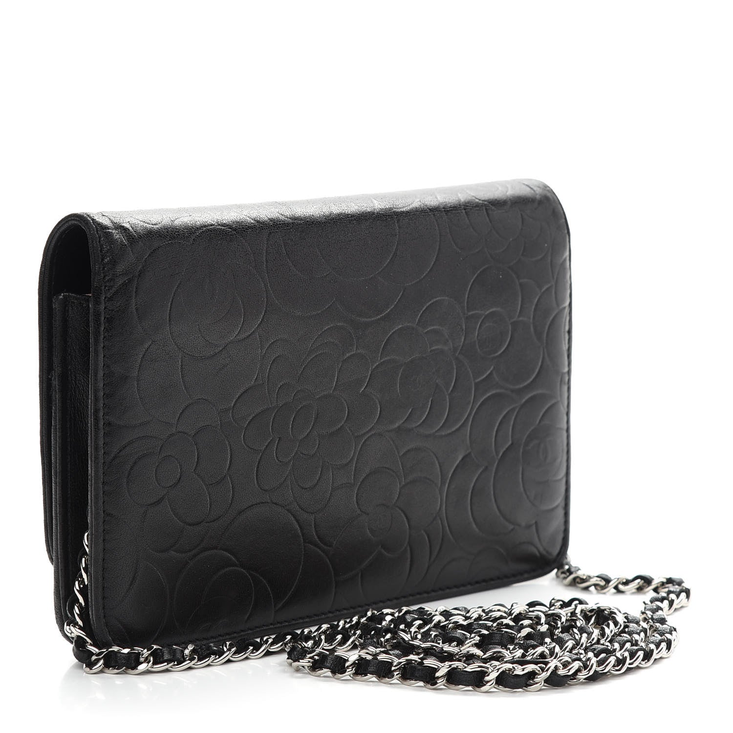 Chanel Lambskin Camellia Embossed Wallet on Chain WOC Black 3 of 11