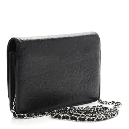 Chanel Lambskin Camellia Embossed Wallet on Chain WOC Black 3 of 11