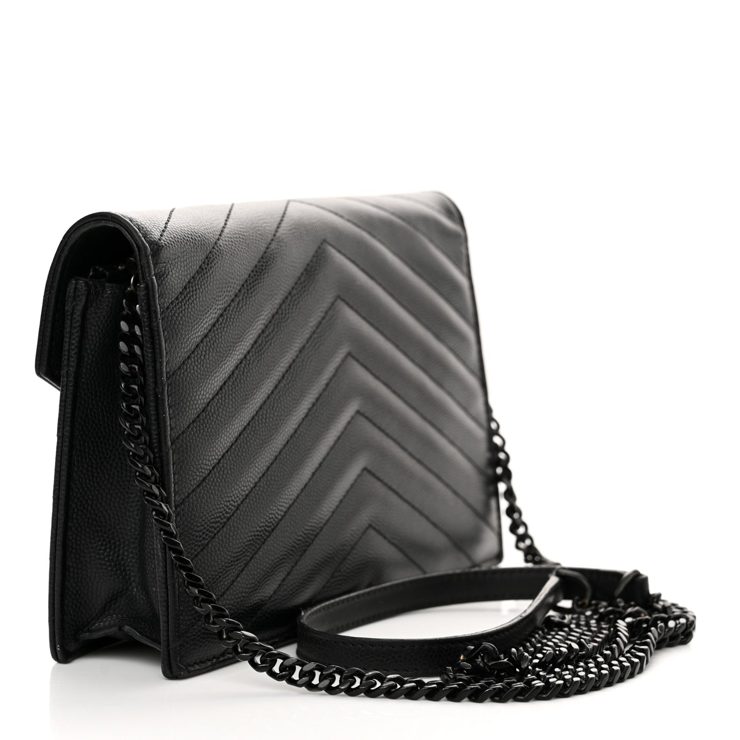 Grain De Poudre Matelasse Chevron Monogram Monochrome Envelope Chain Wallet Black