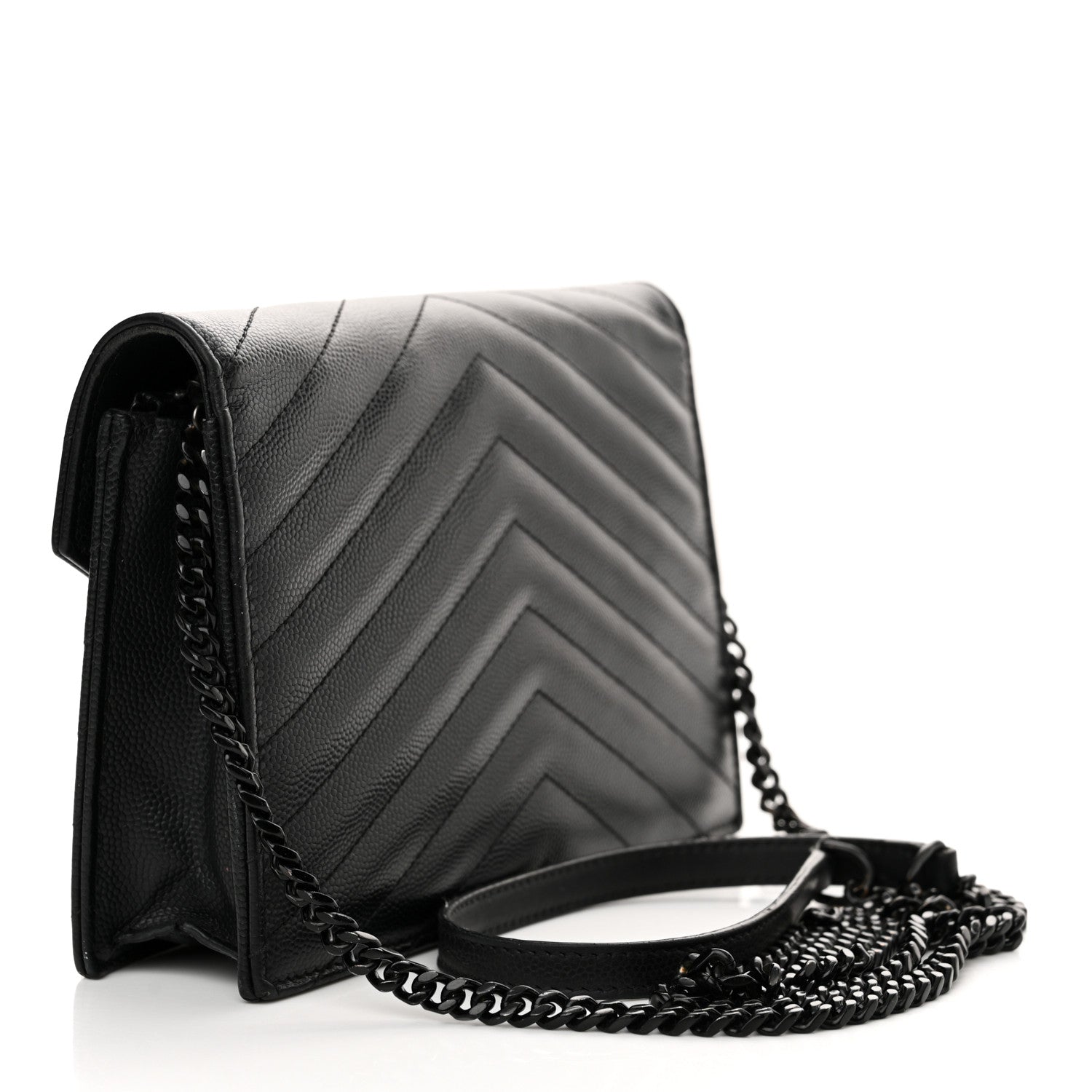 Saint Laurent Grain De Poudre Matelasse Chevron Monogram Monochrome Envelope Chain Wallet Black 3 of 18