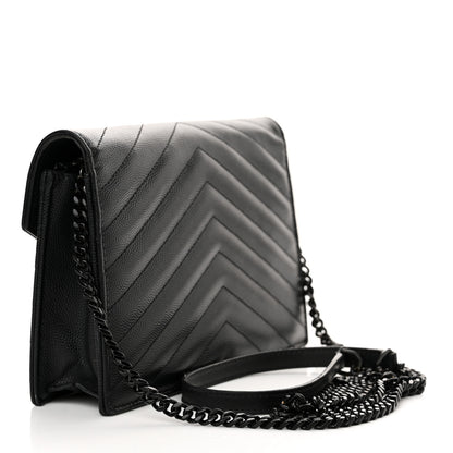 Saint Laurent Grain De Poudre Matelasse Chevron Monogram Monochrome Envelope Chain Wallet Black 3 of 18