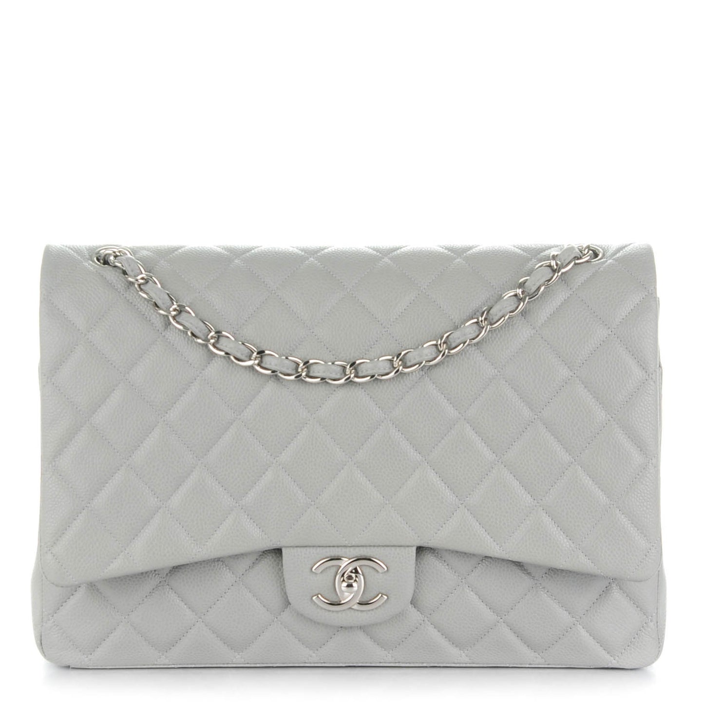 Caviar Quilted Maxi Double Flap Light Grey