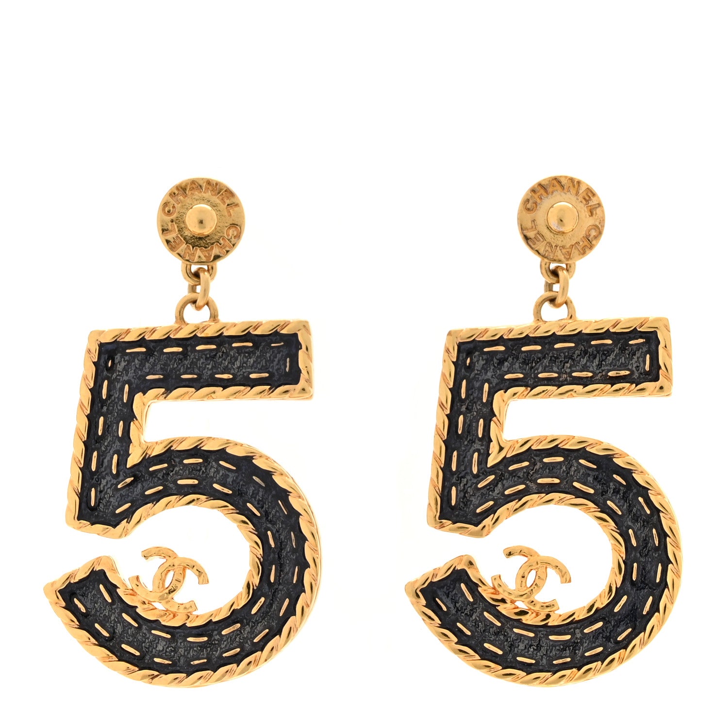 Chanel Metal Enamel CC No 5 Rope Drop Earrings Gold Denim Blue 1 of 5
