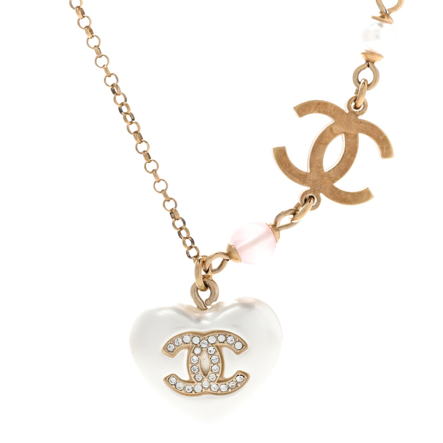 Chanel Resin Crystal CC Heart Necklace Pearly White Gold 4 of 7