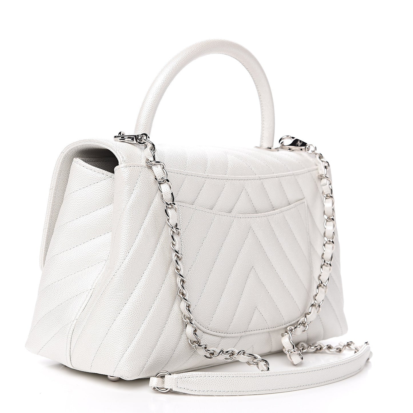 Iridescent Caviar Chevron Quilted Small Coco Handle Flap White