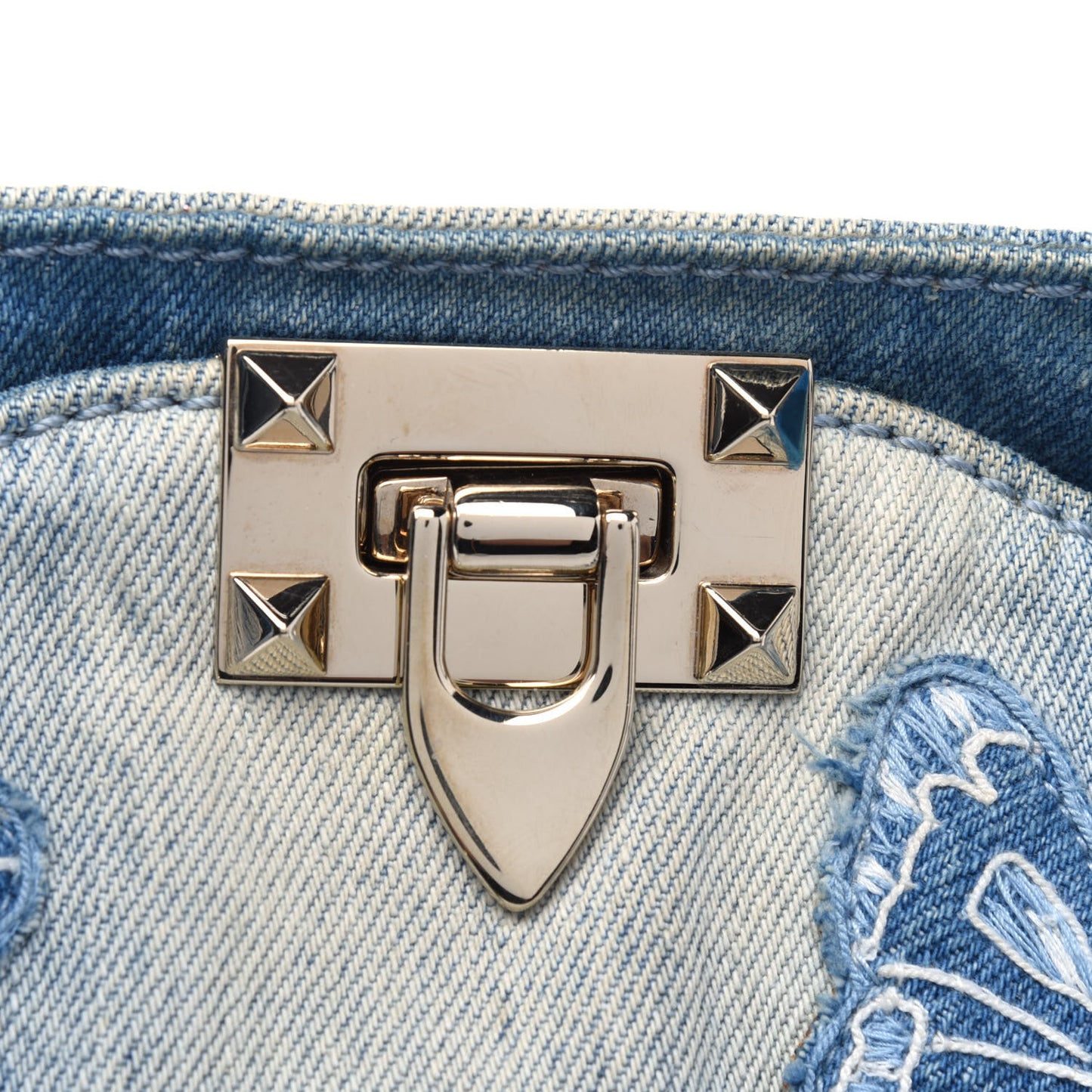 Denim Butterfly Embroidered Small Rockstud Tote Light Denim