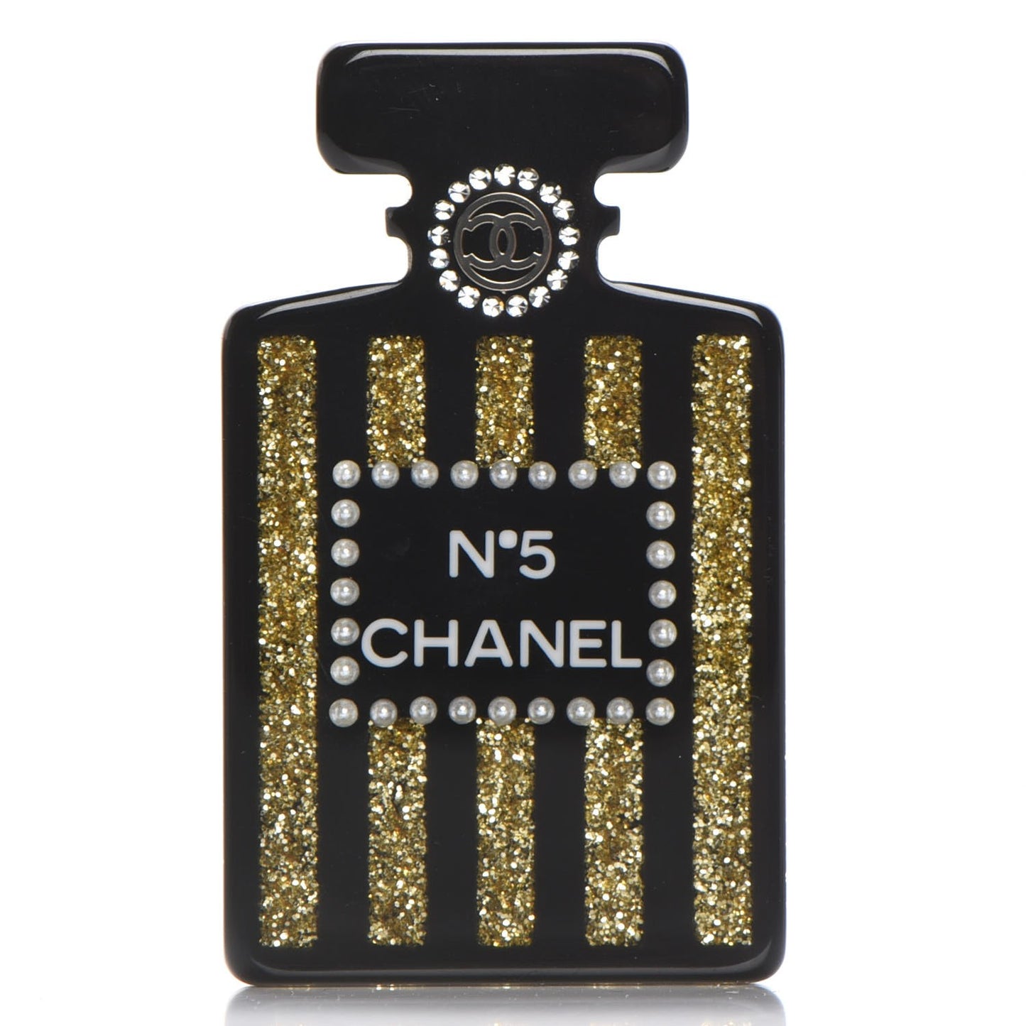 Resin Strass Perfume Bottle CC Brooch Black Gold