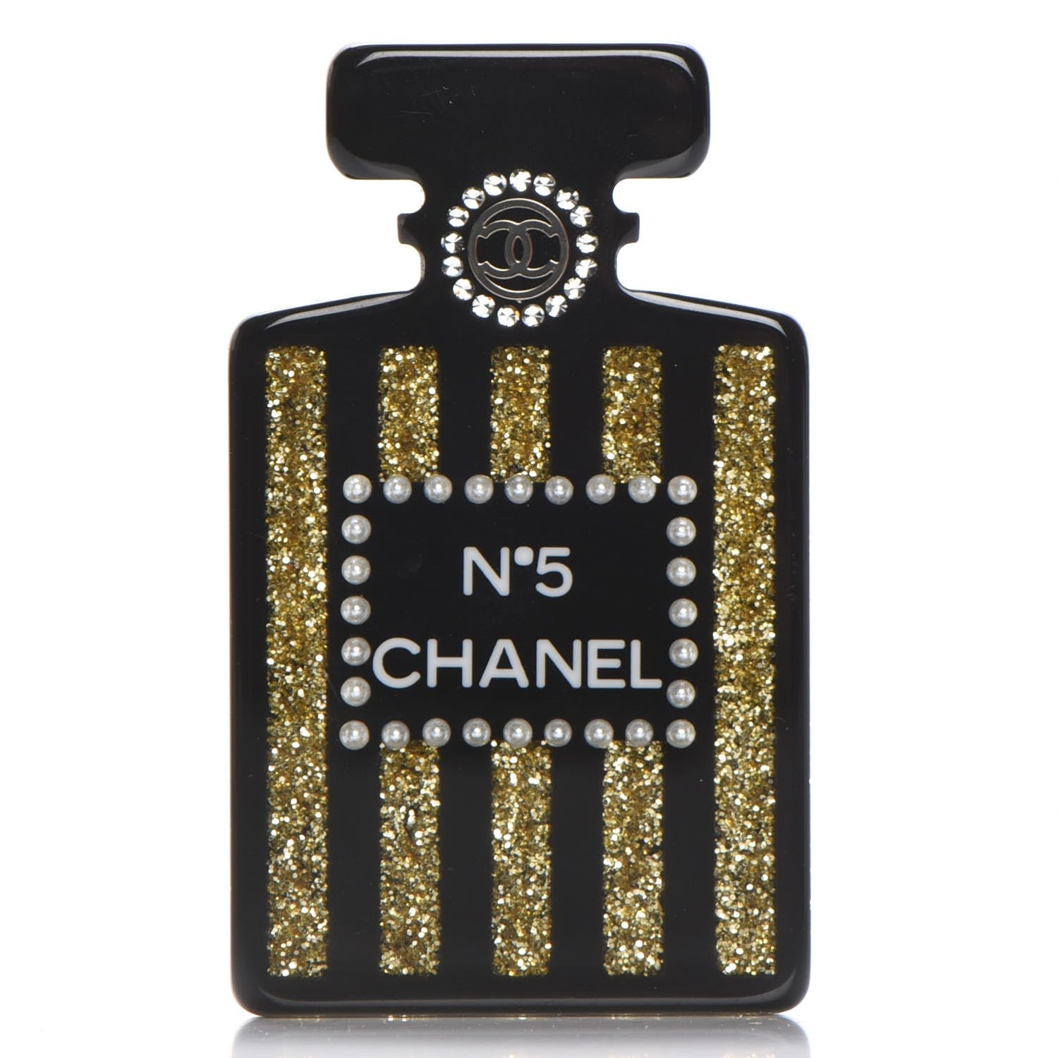 Chanel Resin Strass Perfume Bottle CC Brooch Black Gold 1 of 5