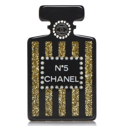 Chanel Resin Strass Perfume Bottle CC Brooch Black Gold 1 of 5