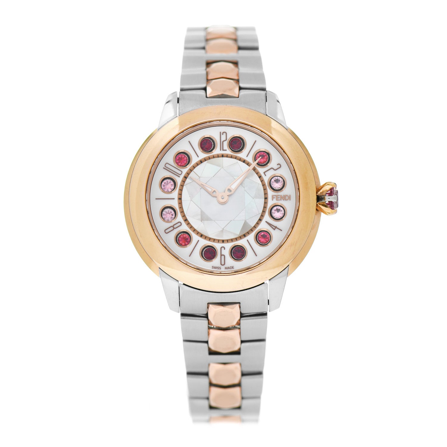 Fendi Stainless Steel Mother of Pearl Topaz Spinel 33mm Ishine Rotating Gem Two Tone Quartz Watch 1 of 4