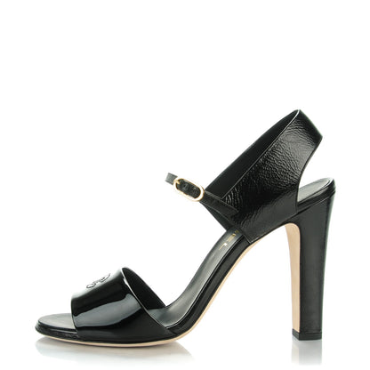 Chanel Crumpled Patent Calfskin CC Sandals 40.5 Black 1 of 8