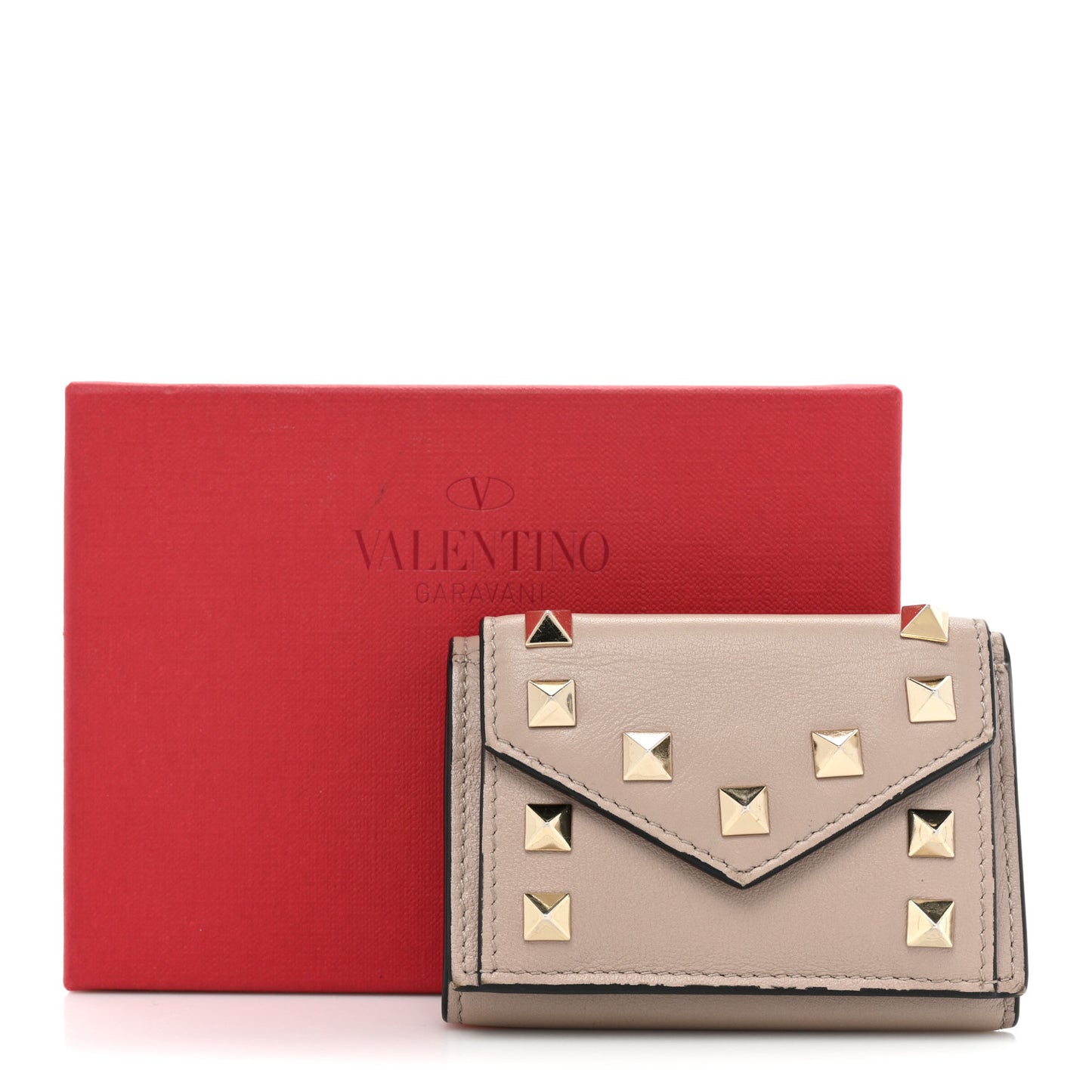 Calfskin Small Tri-Fold Rockstud Wallet Poudre