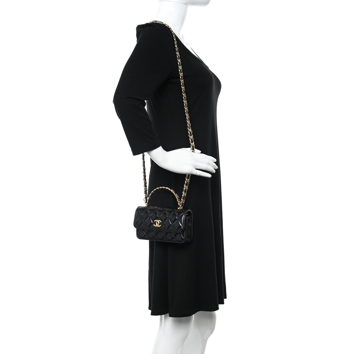 Chanel Shiny Lambskin Quilted Golden Links Top Handle Phone Holder With Chain Black 2 of 12