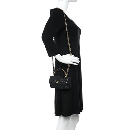 Chanel Shiny Lambskin Quilted Golden Links Top Handle Phone Holder With Chain Black 2 of 12