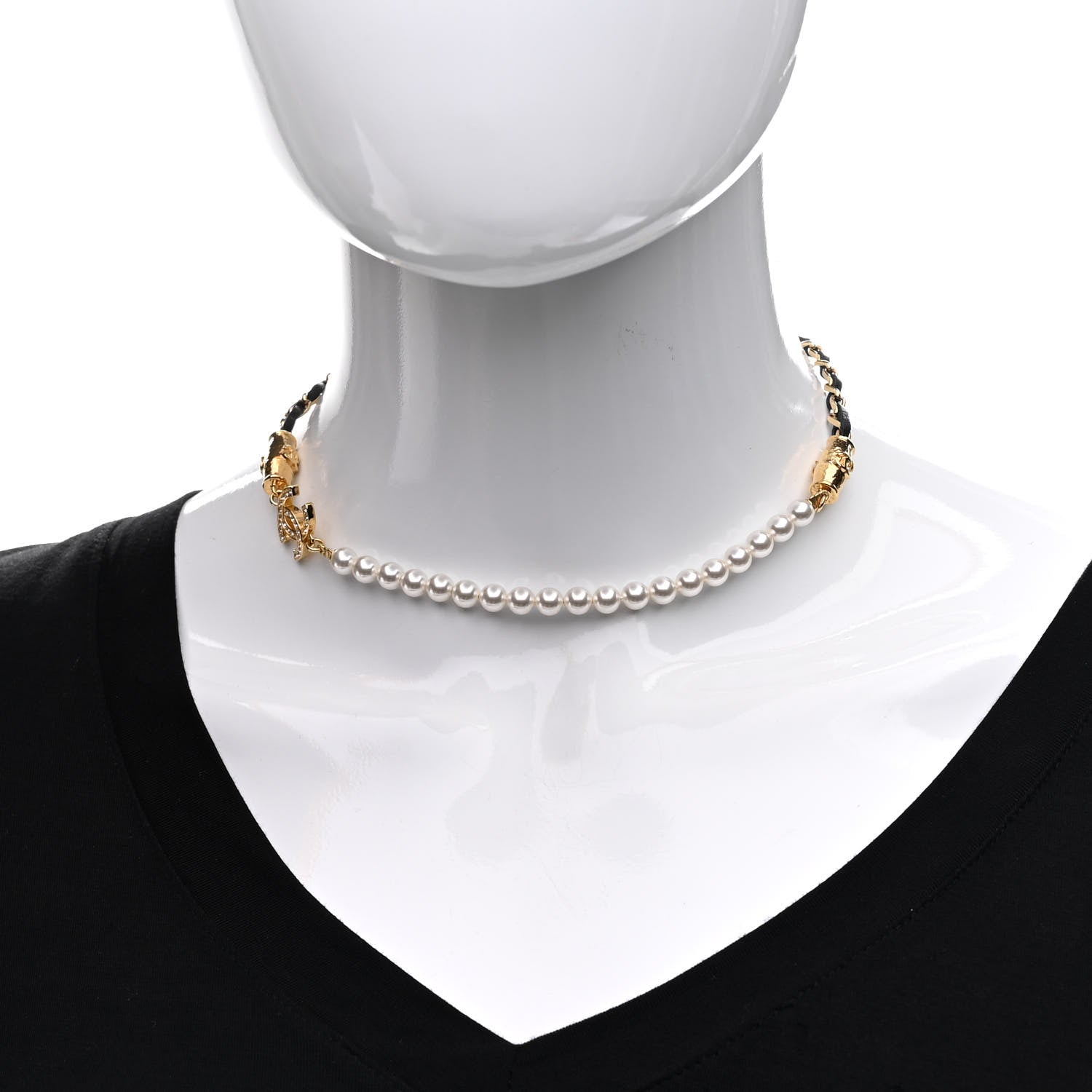 Chanel Pearl Crystal Lambskin CC Necklace Gold Black 2 of 6
