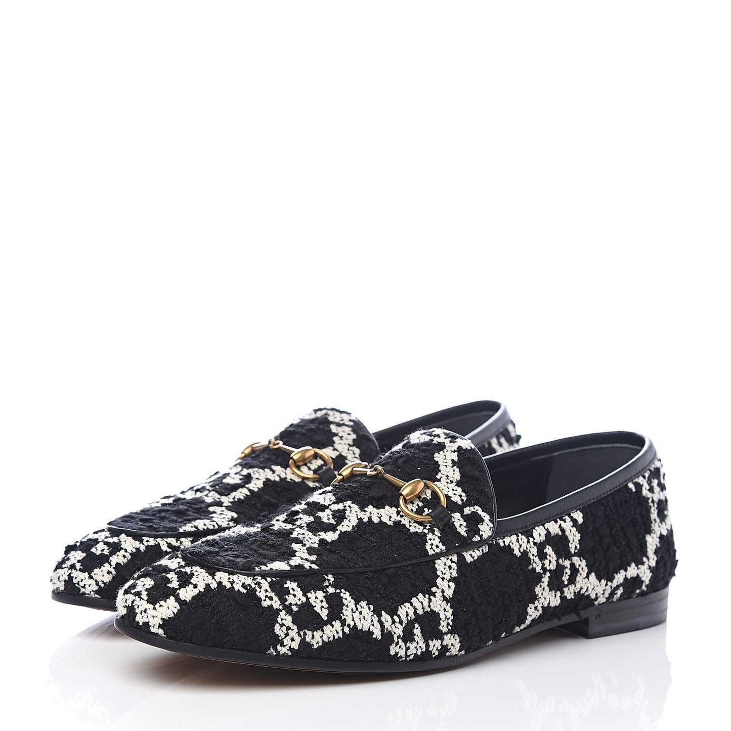 Tweed GG Monogram Horsebit Womens Jordaan Loafers 40 Black Natural