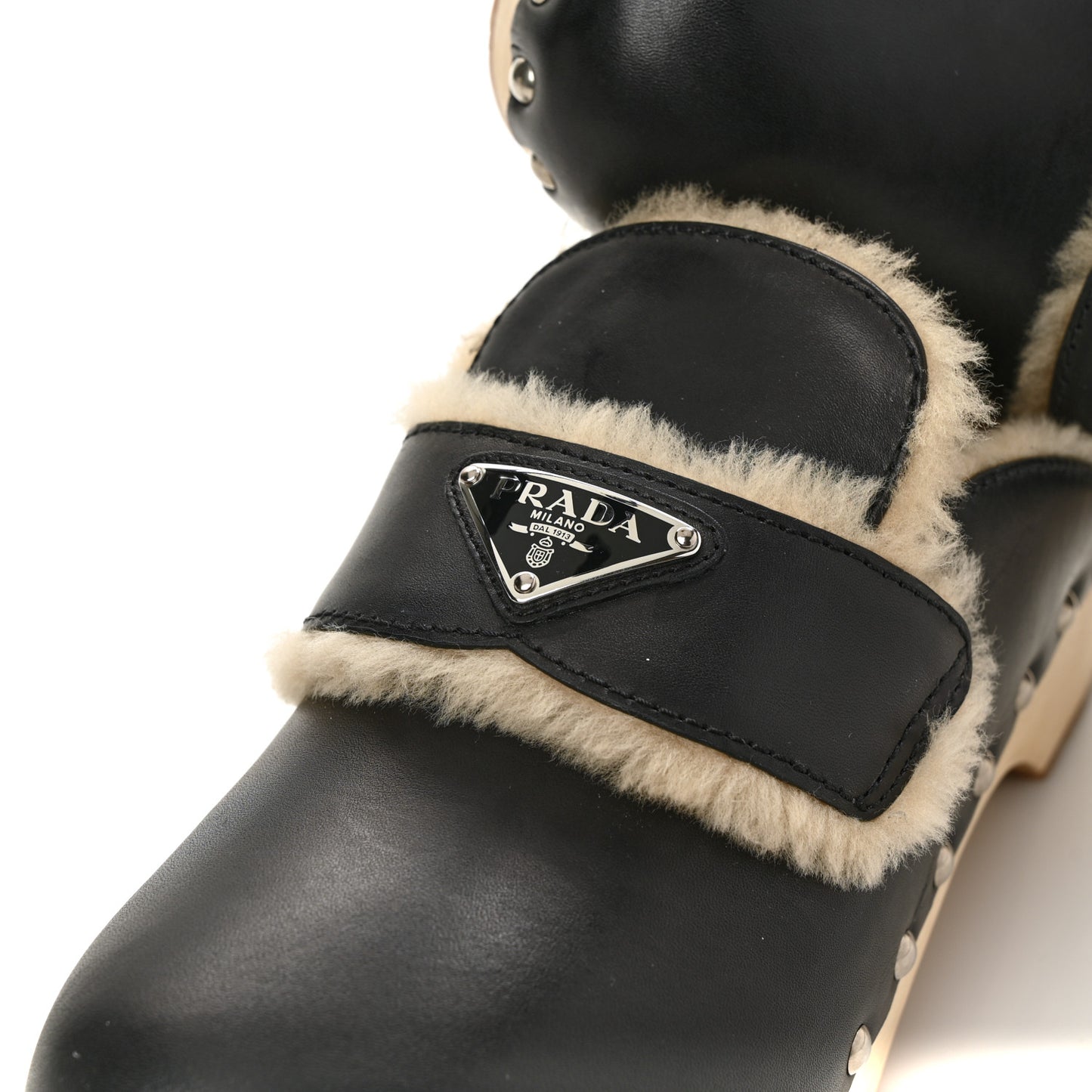 Natural Calfskin Shearling Metal Triangle Logo 45mm Clogs 40 Black Sabbia