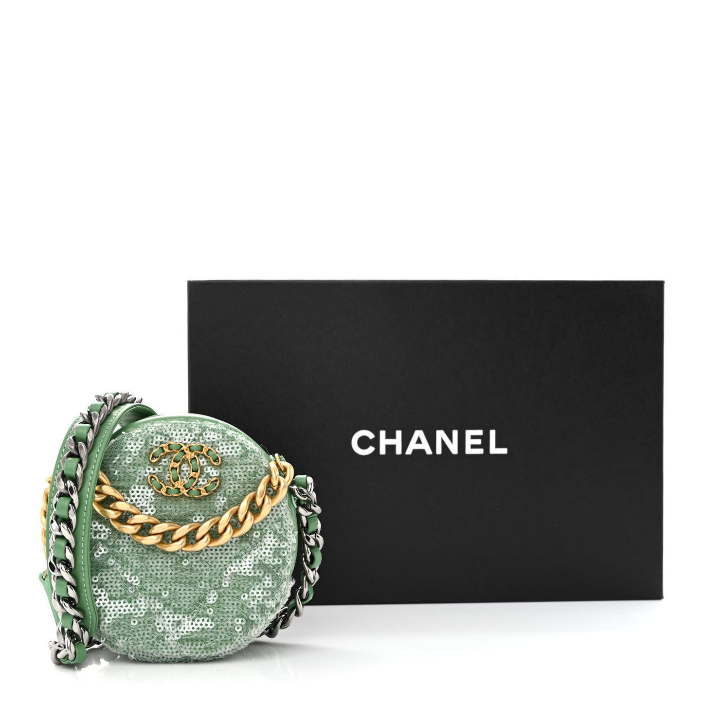 Sequin Chanel 19 Round Clutch With Chain Green Green