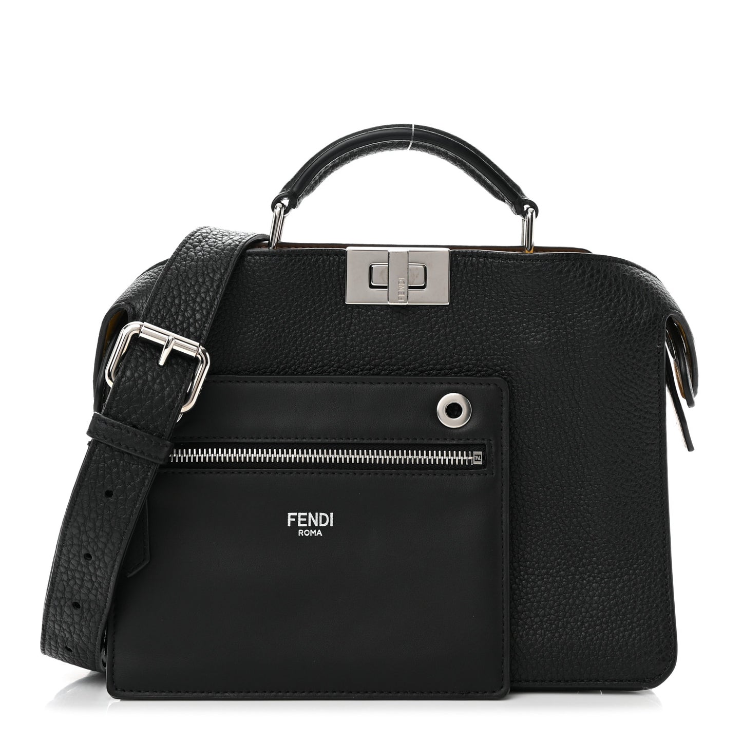 Cuoio Romano Vitello Cover Glazed Fabric Bi-Color FF 1974 Mini Peekaboo I SEE U Satchel Black Mimosa Tobacco Moro