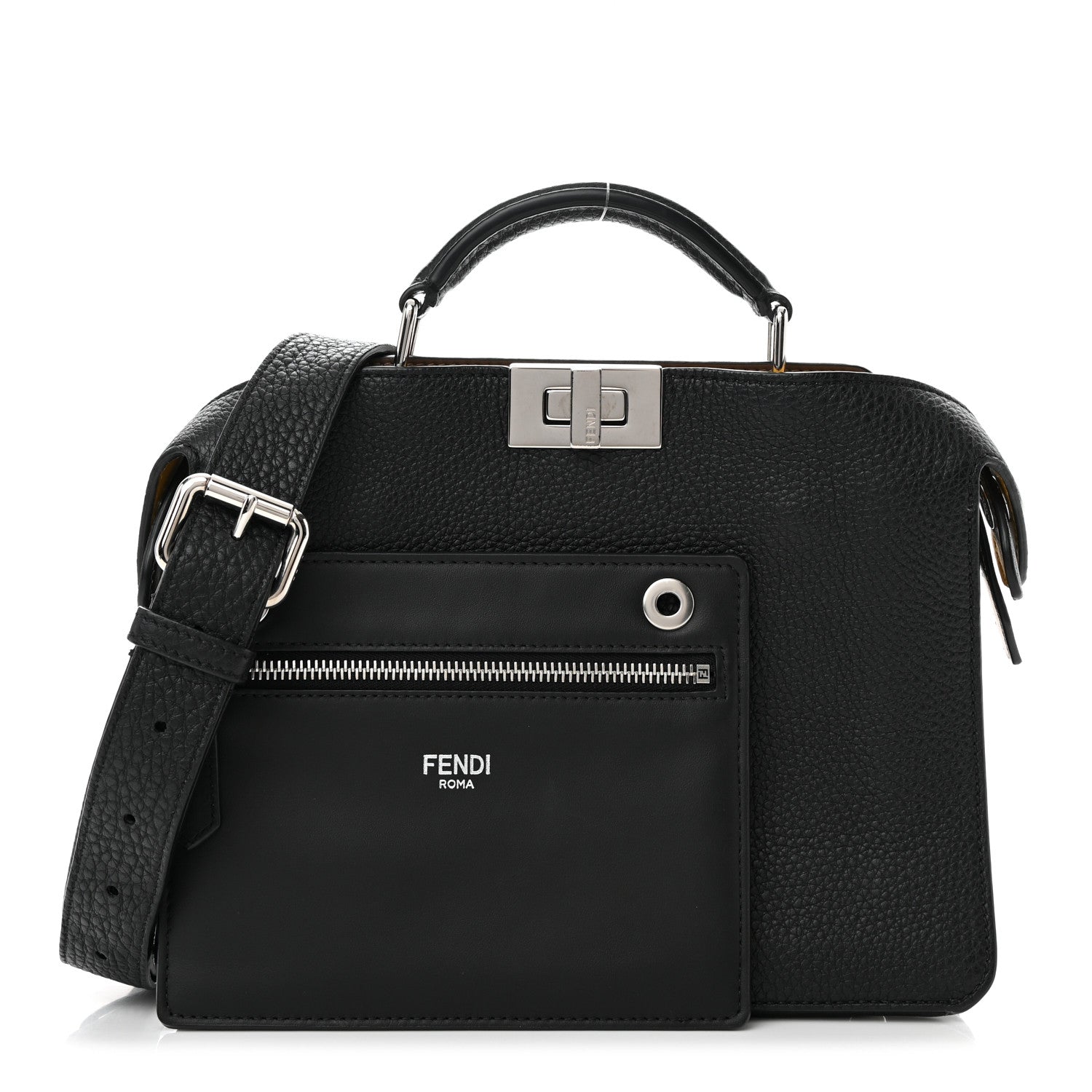 Fendi Cuoio Romano Vitello Cover Glazed Fabric Bi-Color FF 1974 Mini Peekaboo I SEE U Satchel Black Mimosa Tobacco Moro 1 of 11