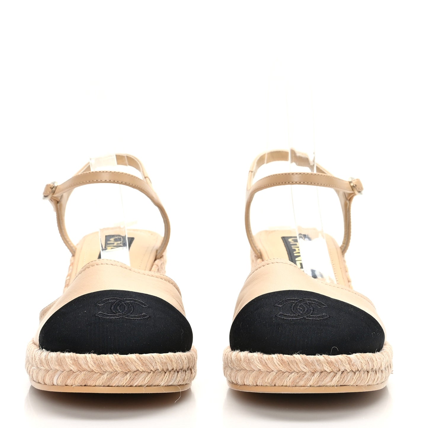 Lambskin Grosgrain CC Espadrilles Wedges 39 Beige Black