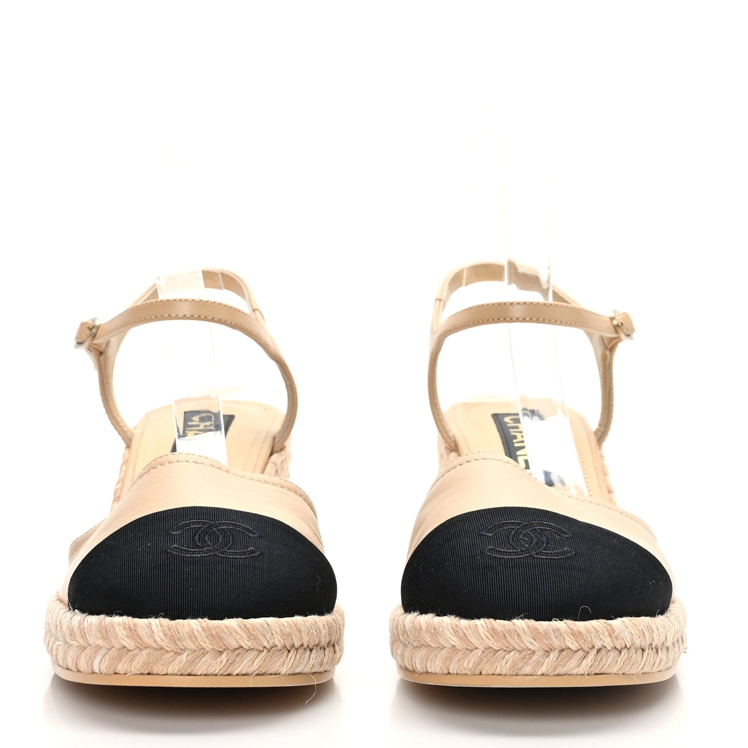 Chanel Lambskin Grosgrain CC Espadrilles Wedges 39 Beige Black 2 of 8