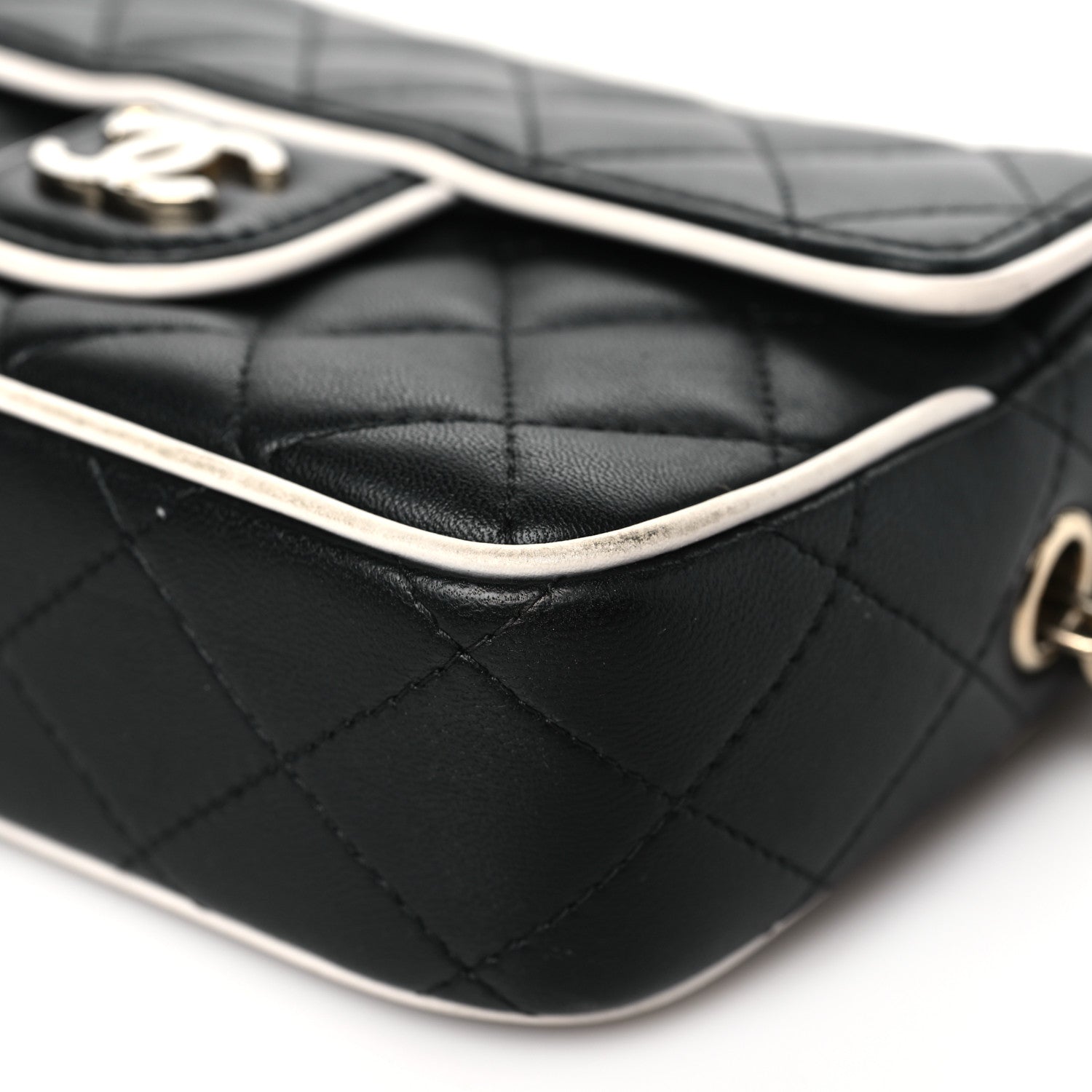 Chanel Lambskin Resin Quilted Chain Camera Bag Black White 10 of 11