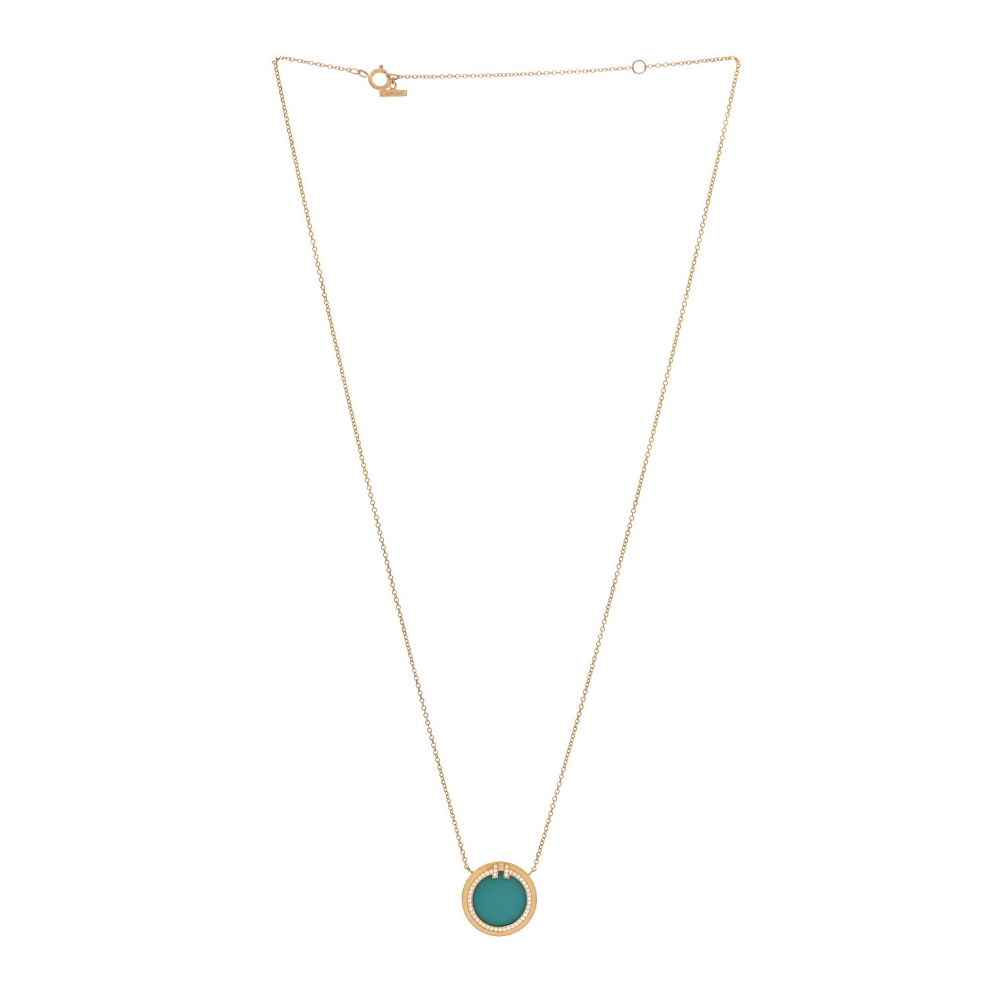18K Yellow Gold Diamond Turquoise T Circle Pendant Necklace