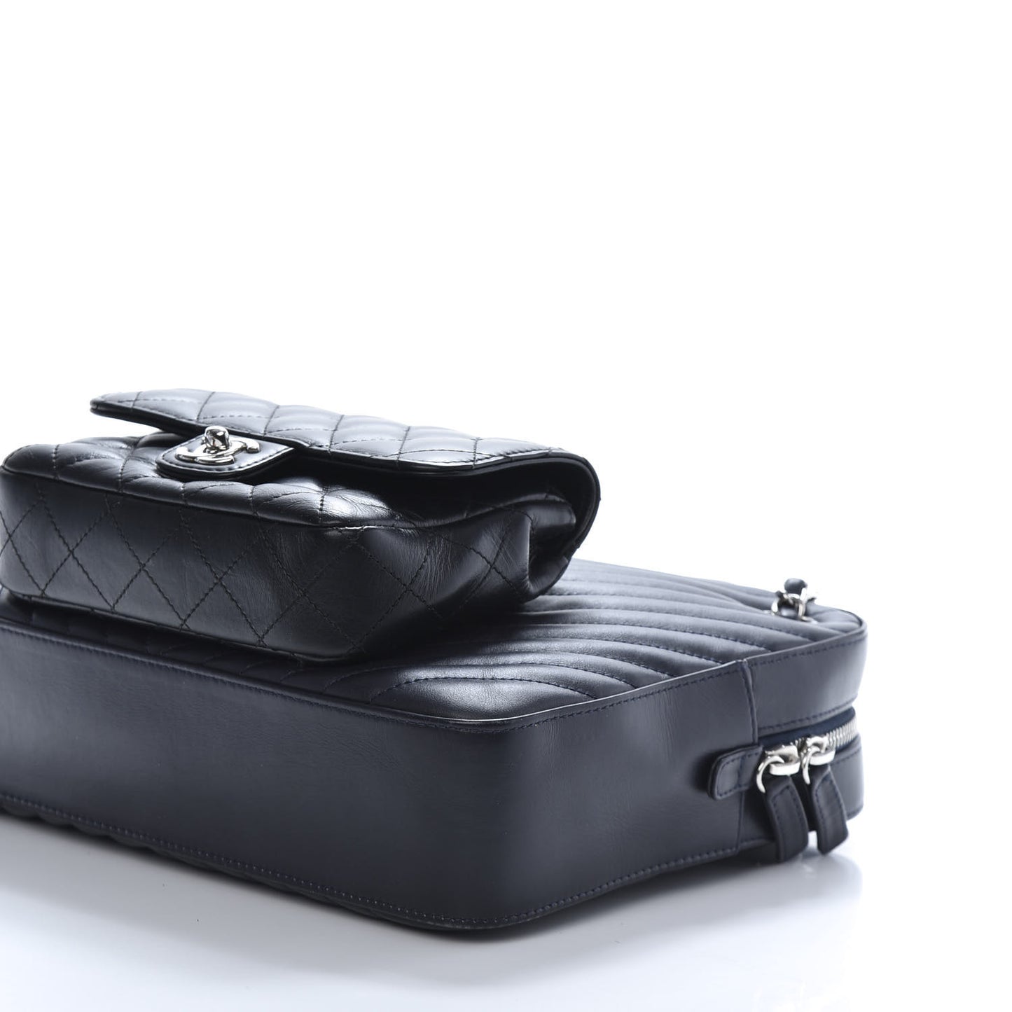 Calfskin Chevron Quilted Double Camera Bag With Flap Black