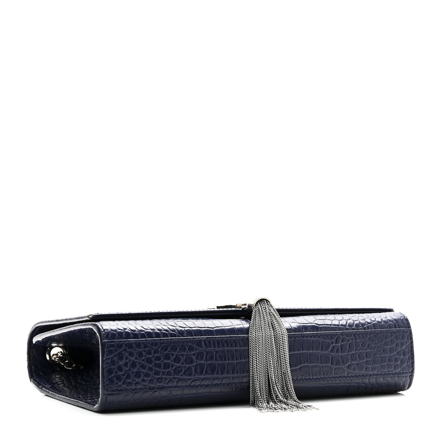 Calfskin Crocodile Embossed Medium Classic Monogram Kate Tassel Satchel Deep Marine