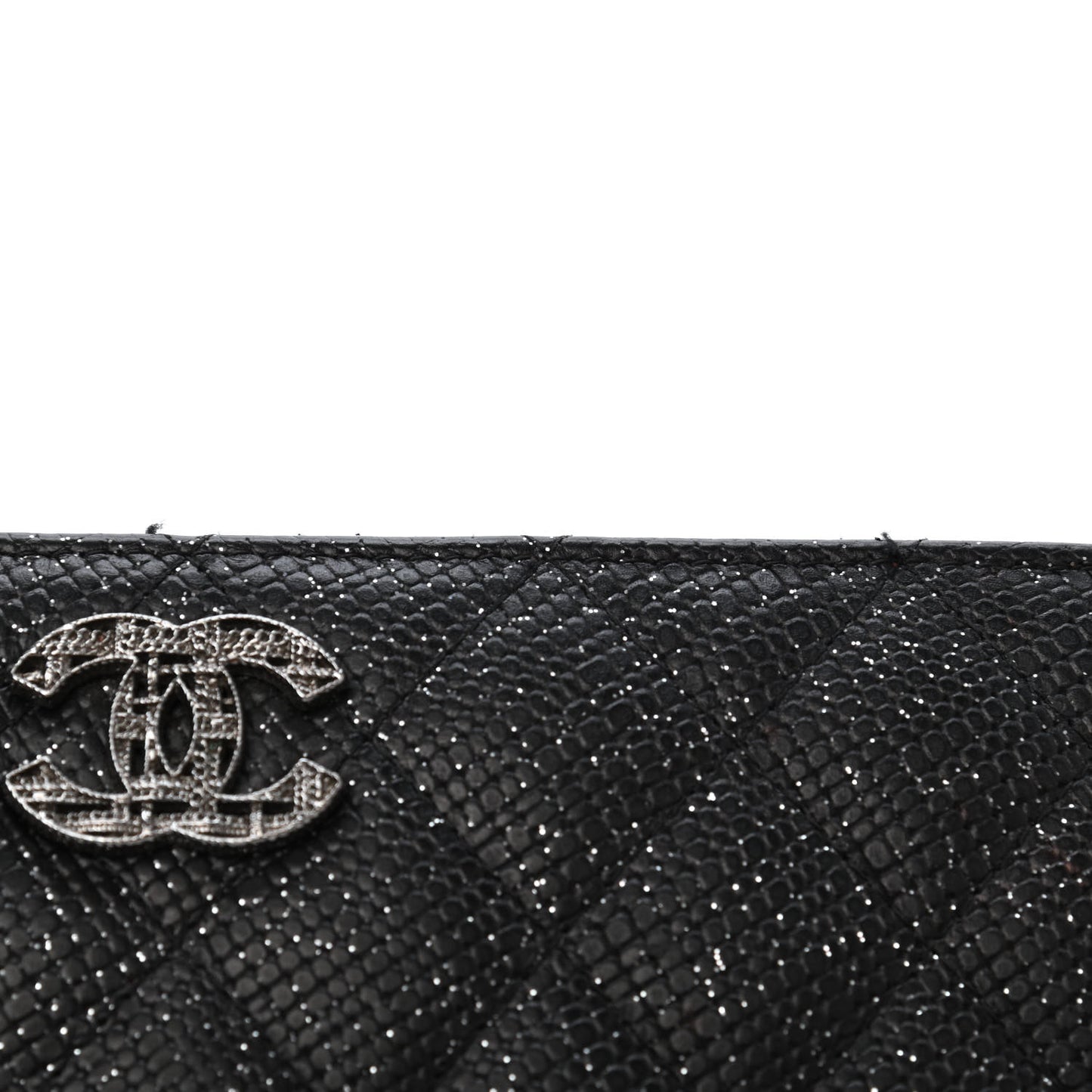 Glittered Calfskin Quilted Large Gusset Zip Wallet Black
