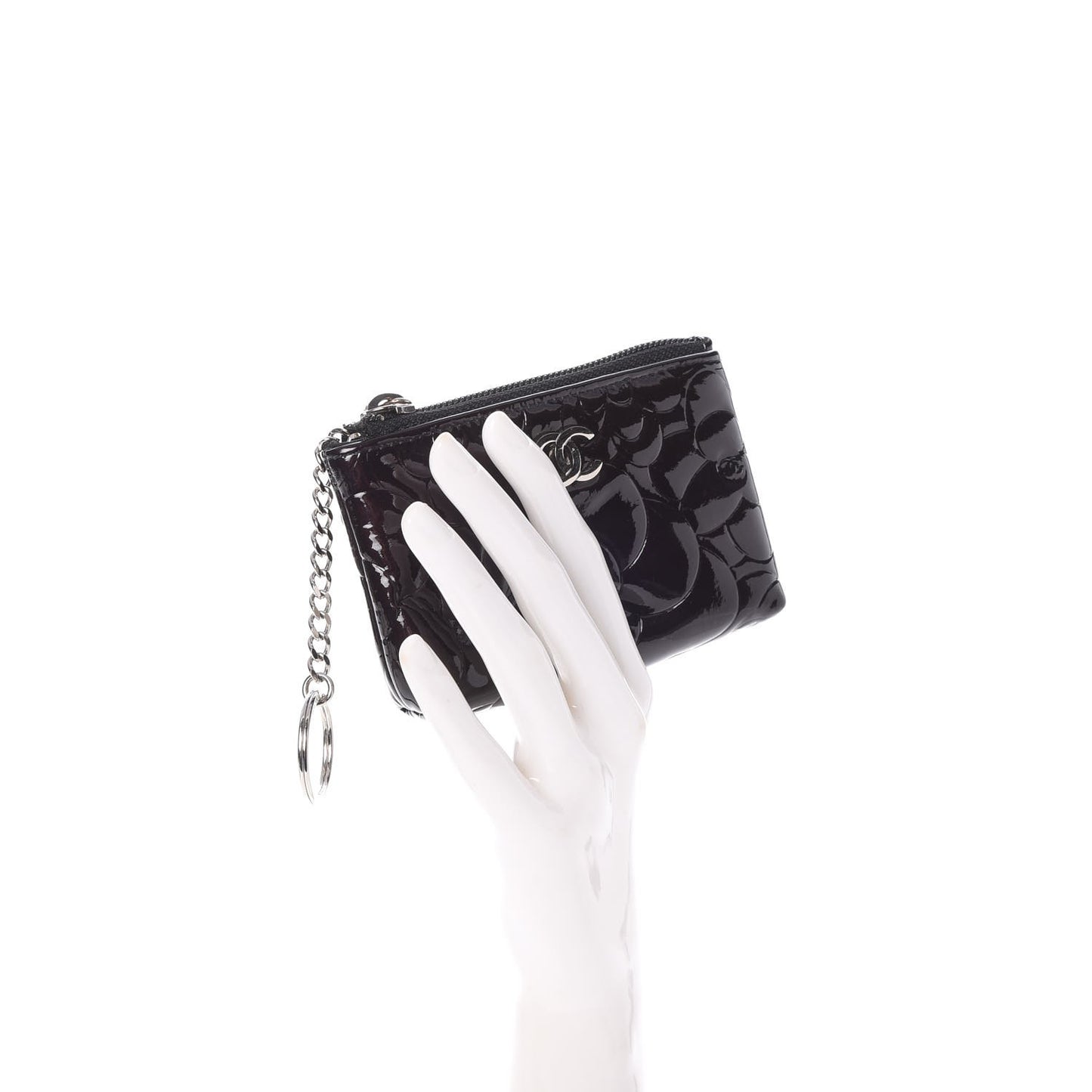 Patent Camellia Embossed Key Holder Case Black