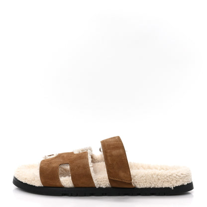 Hermes Suede Goatskin Woolskin Mens Chypre Sandals 43 Naturel Ecru 1 of 7