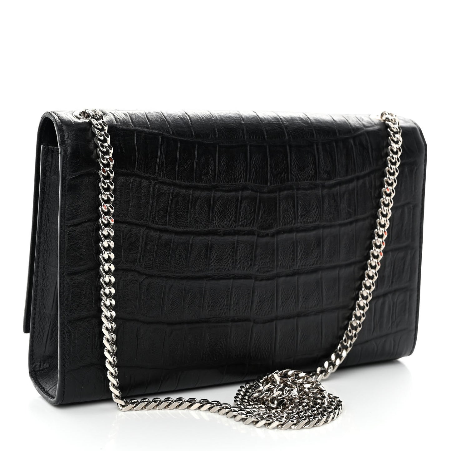 Calfskin Crocodile Embossed Medium Classic Monogram Kate Tassel Satchel Black