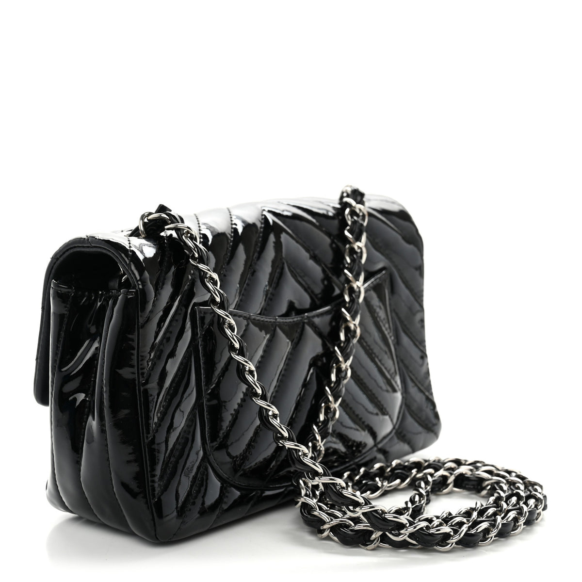 Patent Calfskin Chevron Quilted Mini Rectangular Flap Black