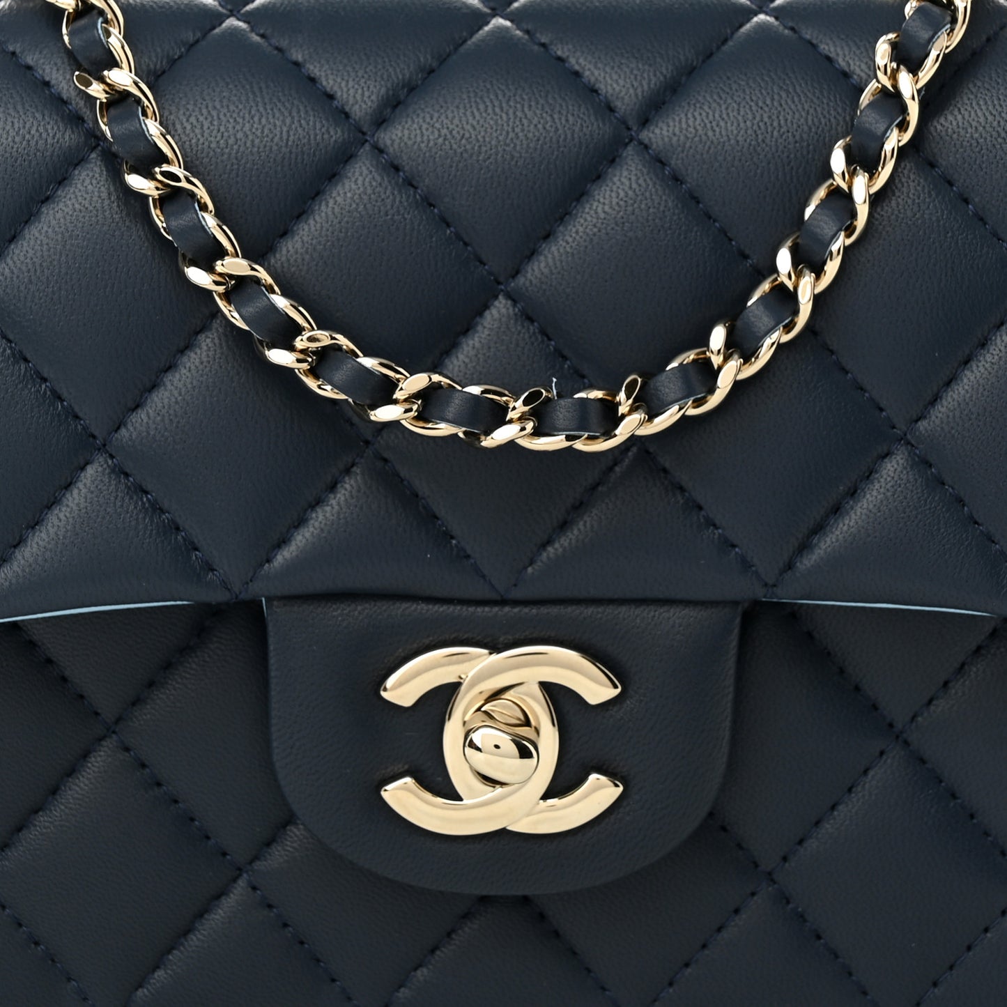Lambskin Quilted Bi-Color Mini Top Handle Rectangular Flap Navy Blue Light Blue
