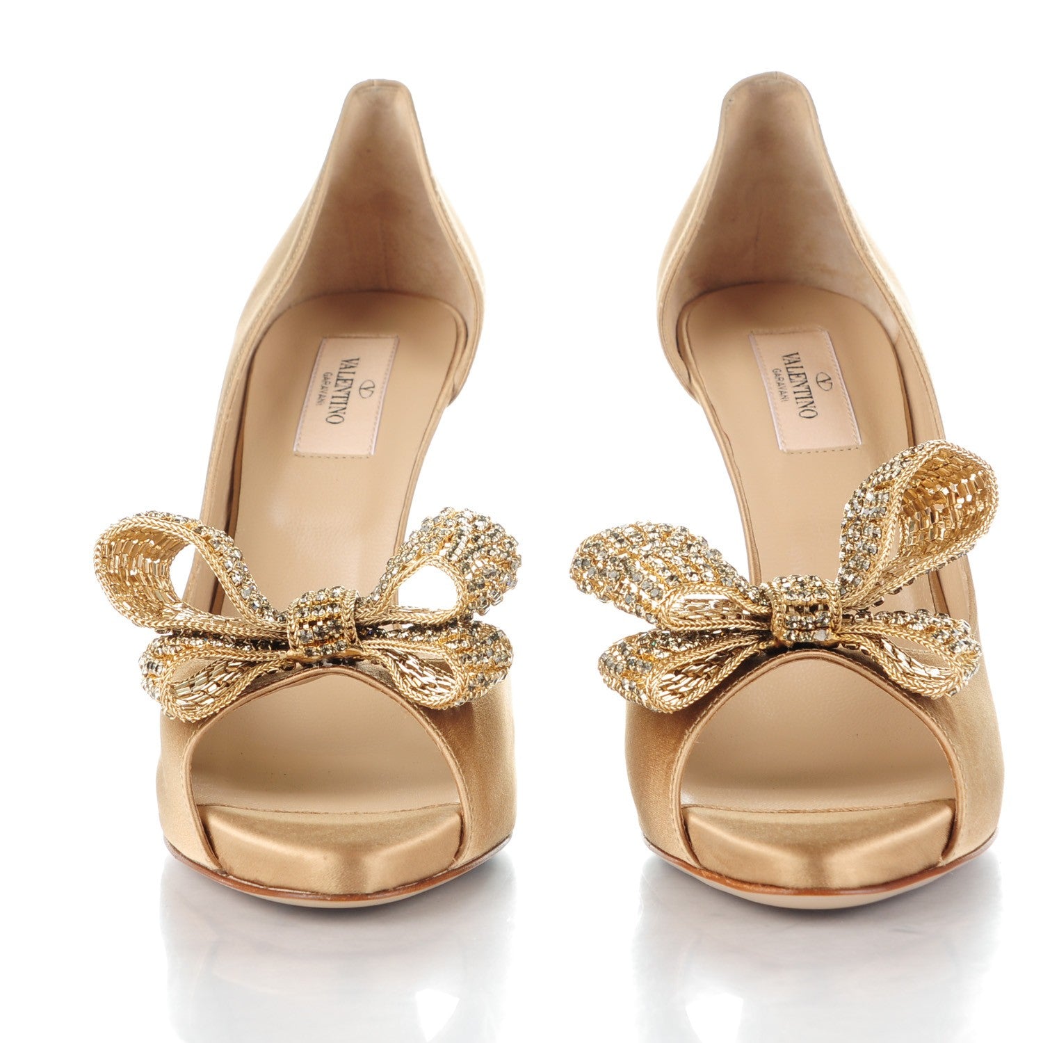 Valentino Garavani Satin Crystal Couture Bow Peep Toe d'Orsay High Heel Pumps 40 Beige 2 of 7