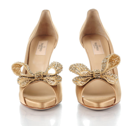 Valentino Garavani Satin Crystal Couture Bow Peep Toe d'Orsay High Heel Pumps 40 Beige 2 of 7