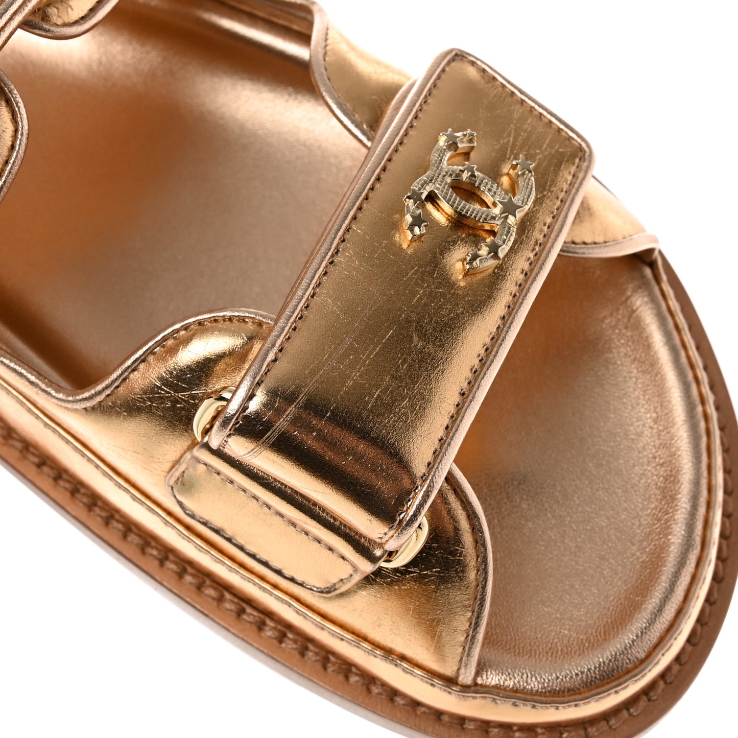 Metallic Laminated Calfskin Velcro Dad Sandals 38 Golden