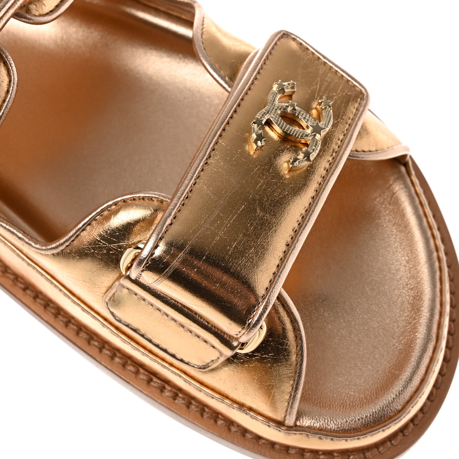 Chanel Metallic Laminated Calfskin Velcro Dad Sandals 38 Golden 11 of 12