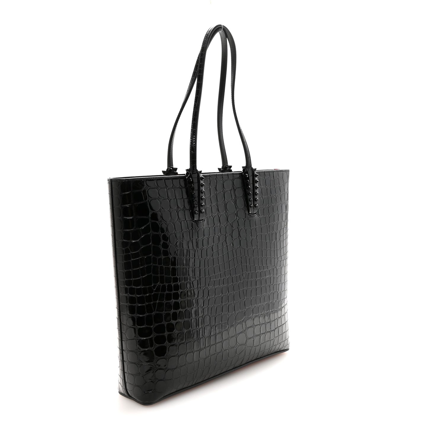 Patent Calfskin Crocodile Embossed Spikes Zipped Cabata Tote Black