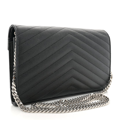 Saint Laurent Grain De Poudre Matelasse Chevron Monogram Chain Wallet Black 3 of 12