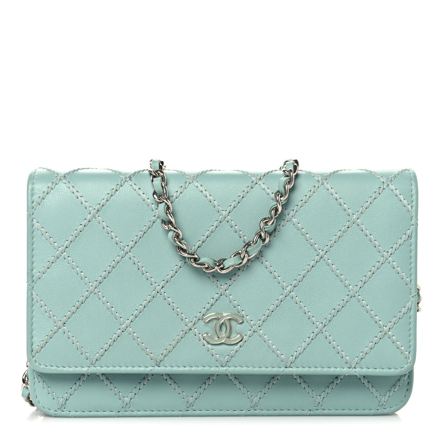 Chanel Calfskin Whipstitch Wallet On Chain WOC Green 1 of 11