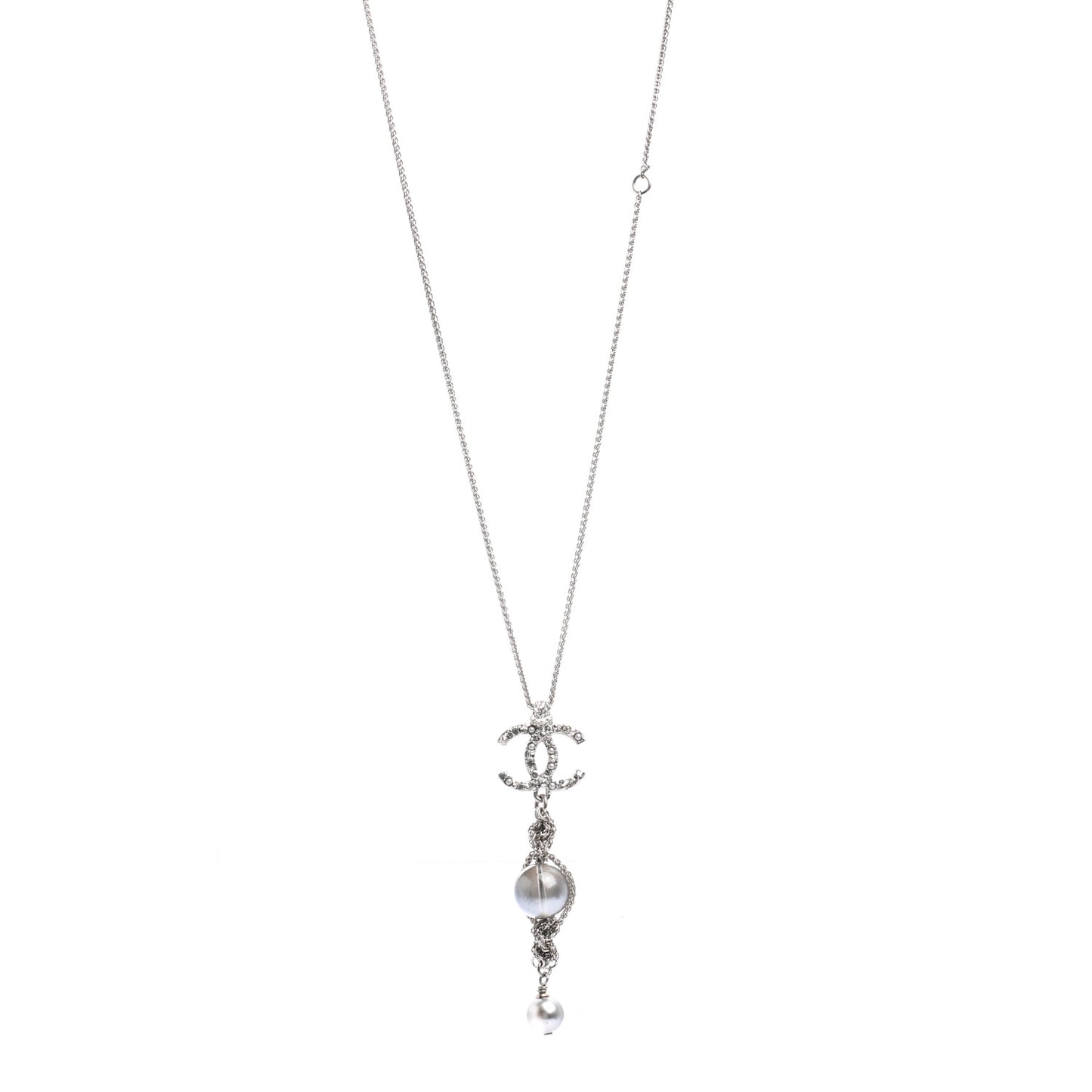 Pearl Crystal Resin CC Drop Necklace Silver Dark Grey