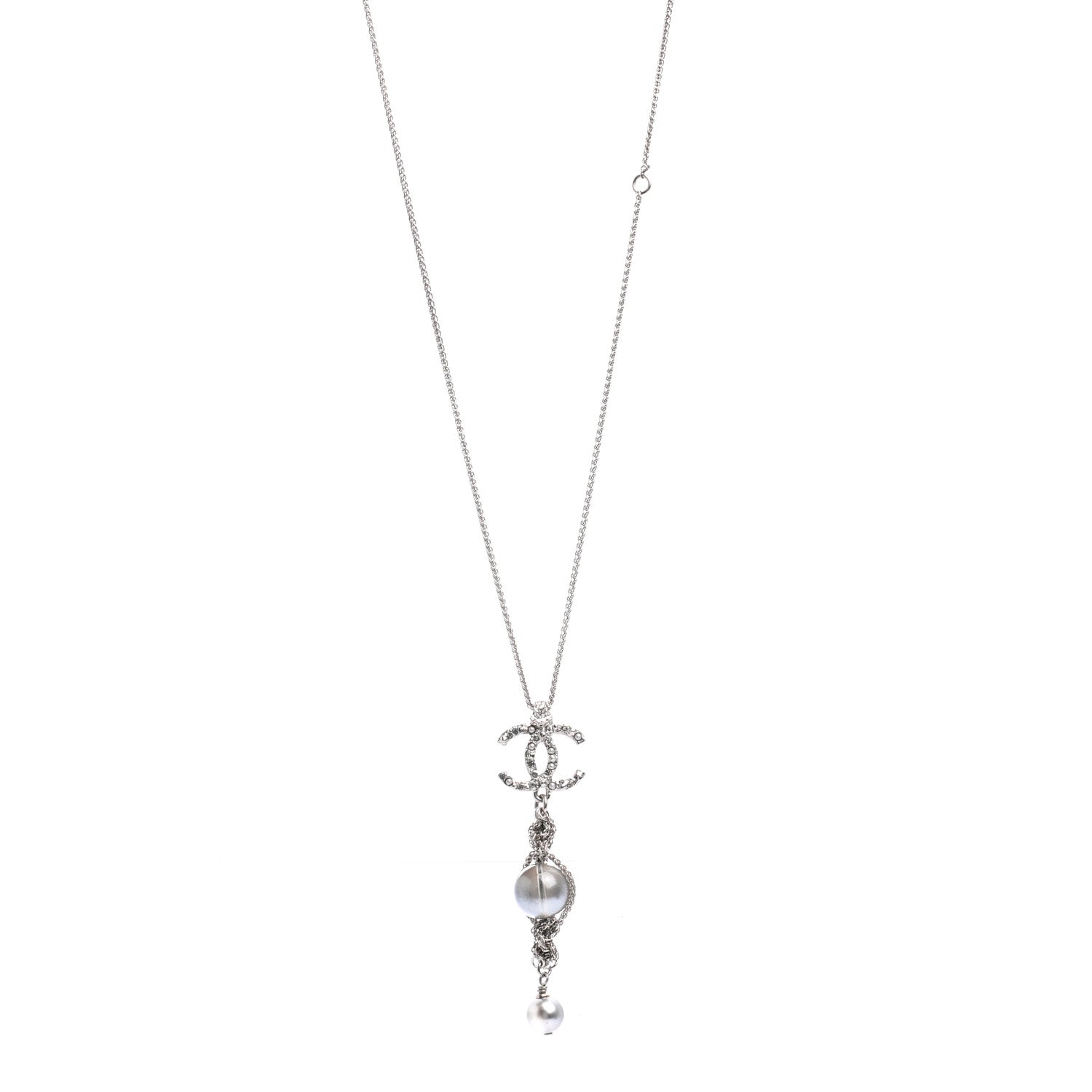 Chanel Pearl Crystal Resin CC Drop Necklace Silver Dark Grey 1 of 7