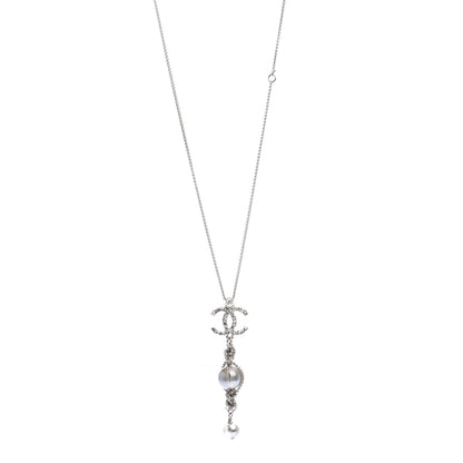 Chanel Pearl Crystal Resin CC Drop Necklace Silver Dark Grey 1 of 7