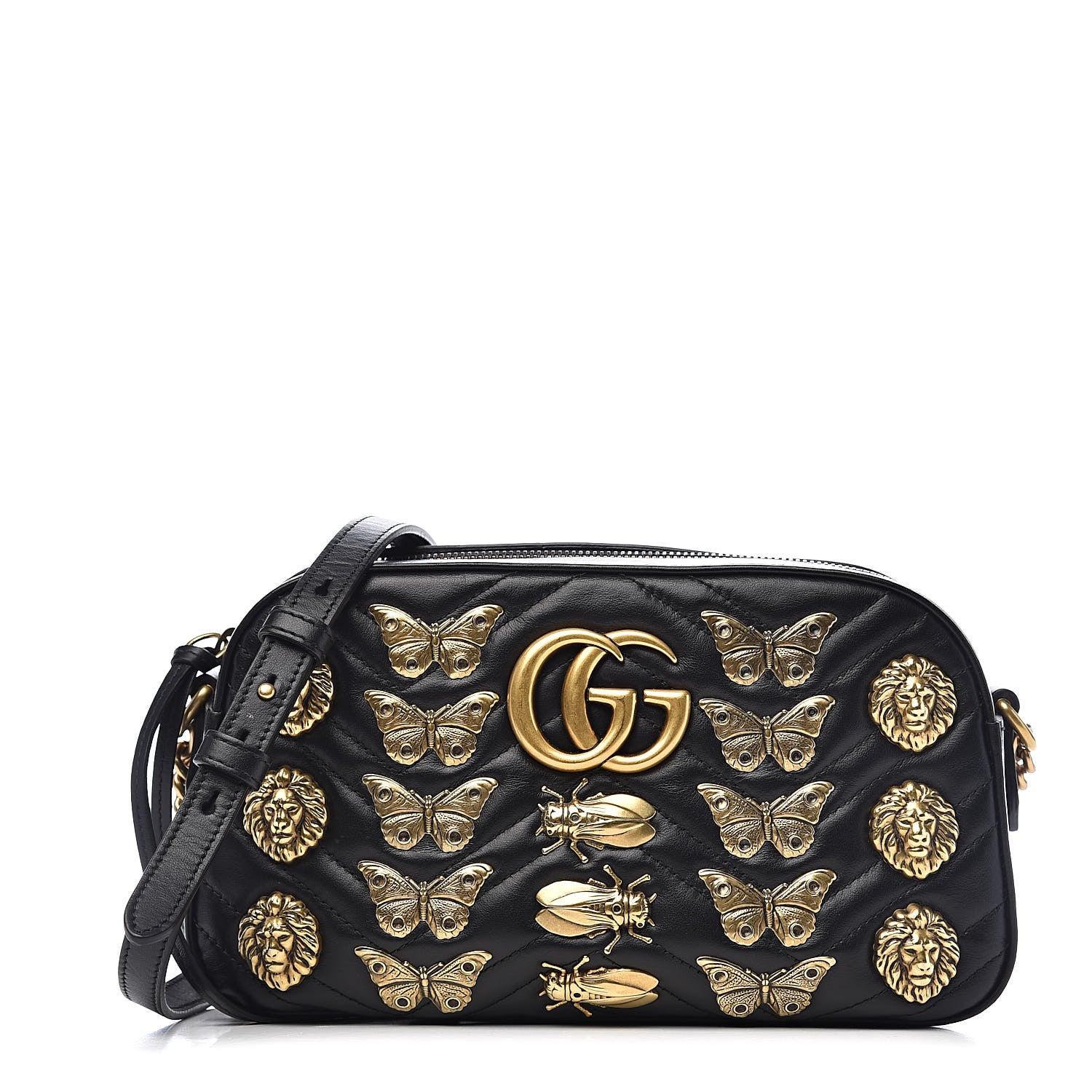 Gucci Calfskin Matelasse Animal Studs Small GG Marmont Chain Shoulder Bag Black 1 of 10
