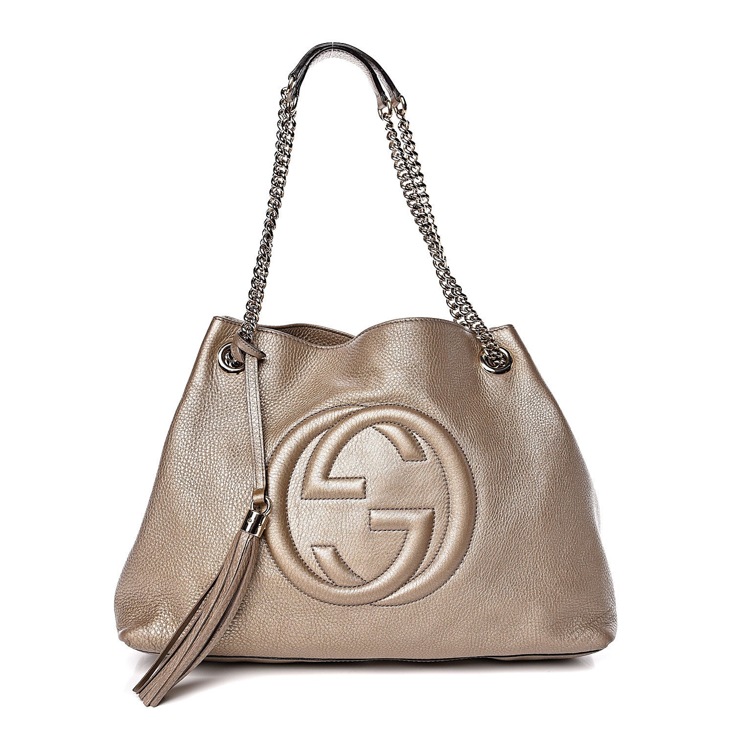 Gucci Metallic Pebbled Calfskin Medium Soho Chain Shoulder Bag Golden Beige 1 of 10