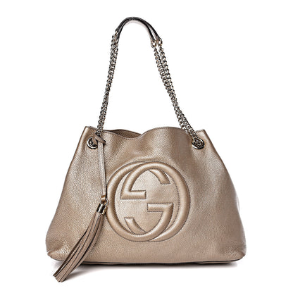 Gucci Metallic Pebbled Calfskin Medium Soho Chain Shoulder Bag Golden Beige 1 of 10